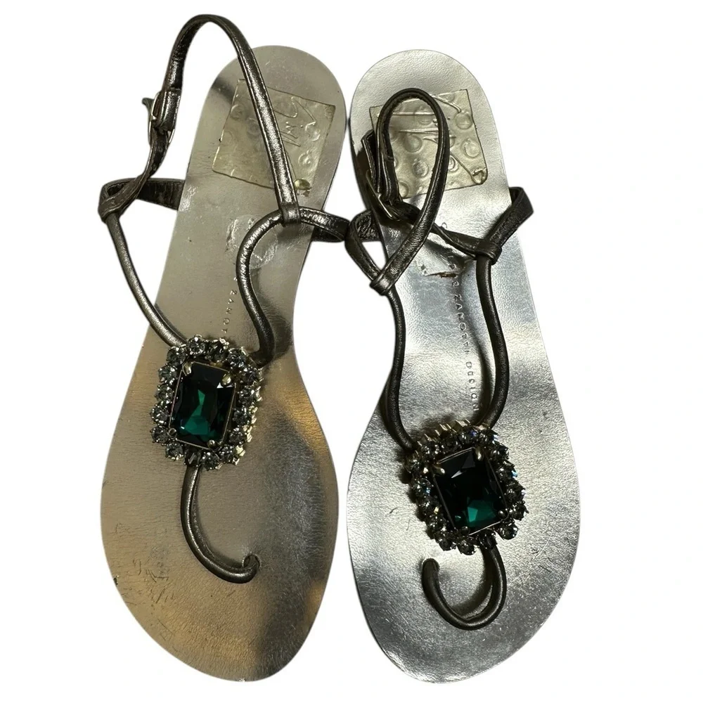 Elegant Silver Sandals with Green Gemstone
